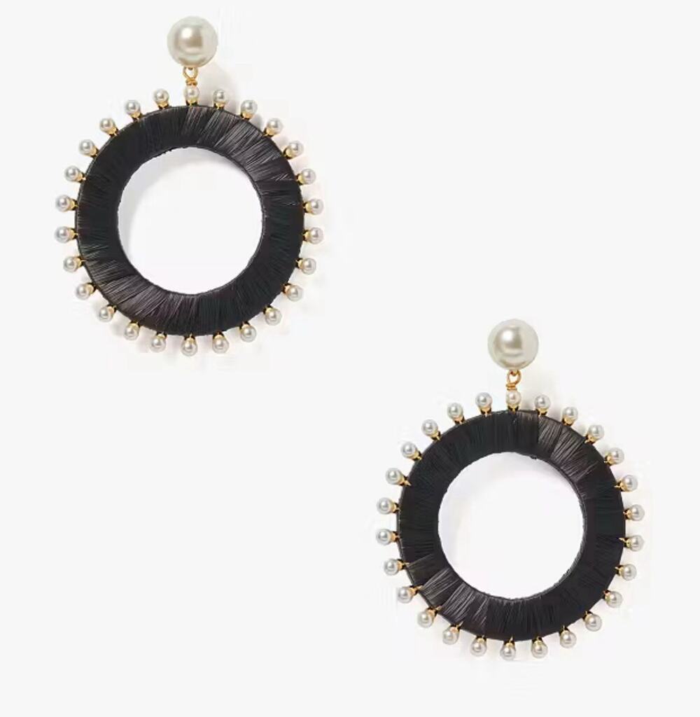 Kate Spade New York Francesca Earrings Women's Black Raffia Drop Hoops KC188